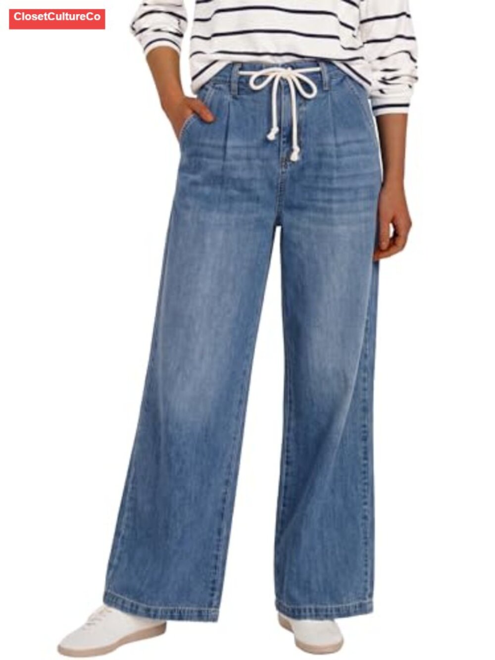 Wide Leg High Rise Denim Jeans Drawstring Waist Pockets